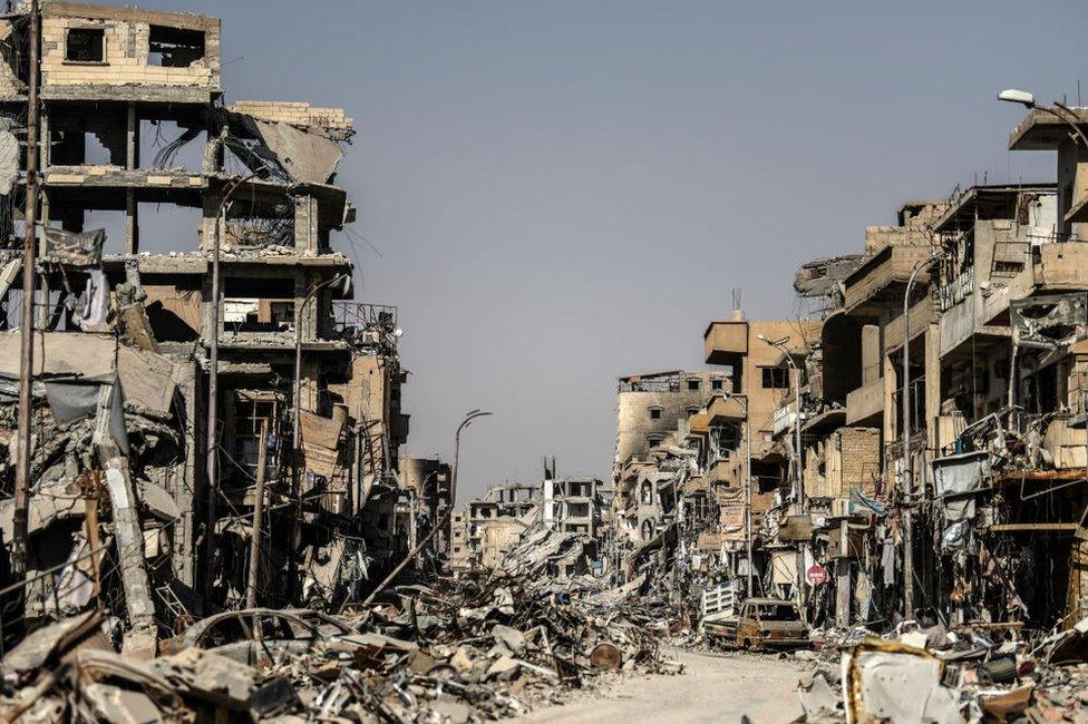 Heavily damaged buildings in Raqqa, pictured on 21 October 2017