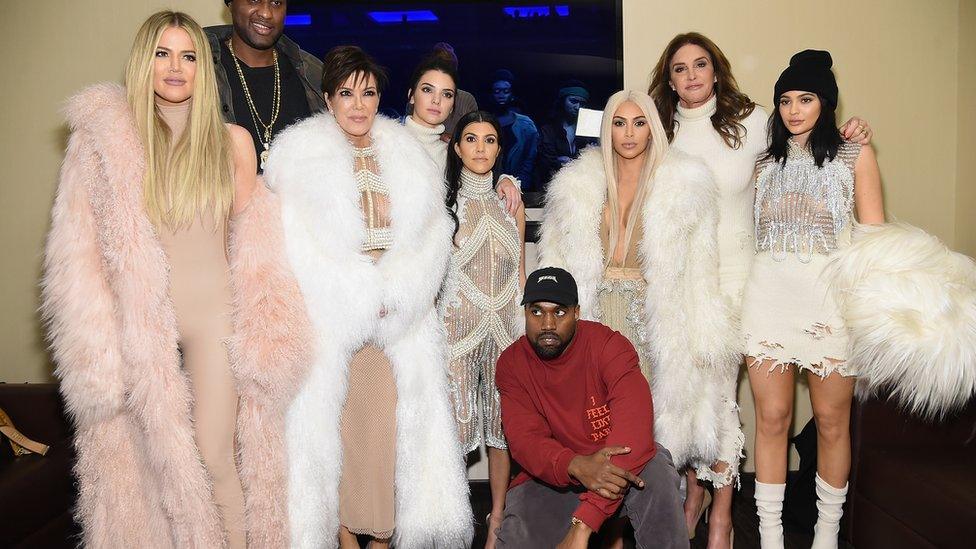 From left to right: Khloe, Lamar Odom, Kris Jenner, Kendall, Kourtney, Kanye, Kim, Caitlin and Kylie at Kanye West Yeezy Season 3 on 11 February 2016