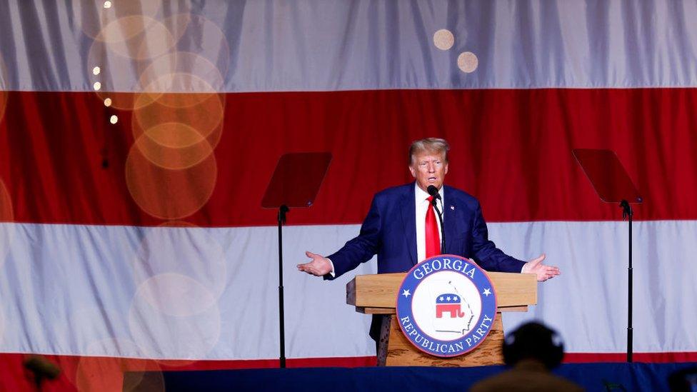 Former US President Donald Trump delivers remarks during the Georgia state GOP convention at the Columbus Convention and Trade Center on June 10, 2023 in Columbus, Georgia