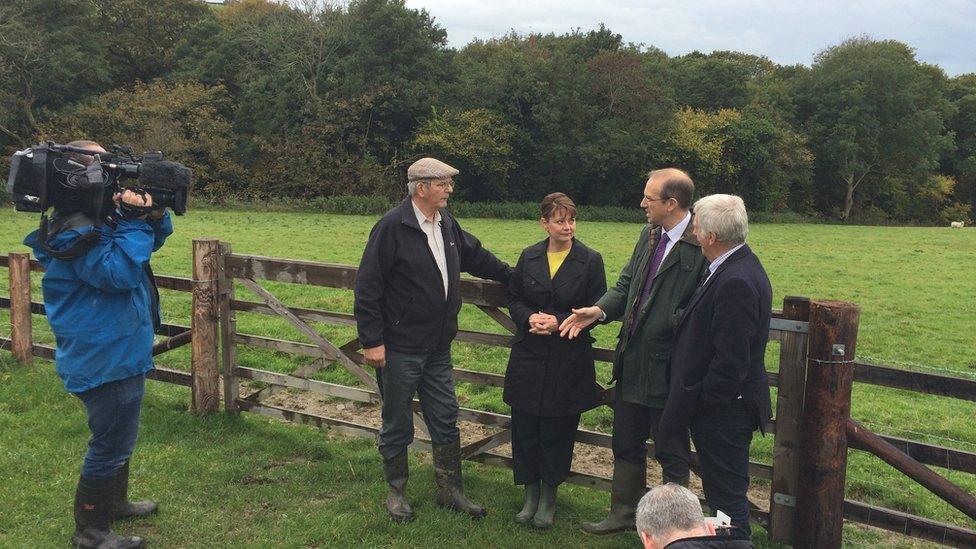 Leanne Wood and Plaid AM Llyr Gruffydd, to her right, at a farm near Aberystwyth