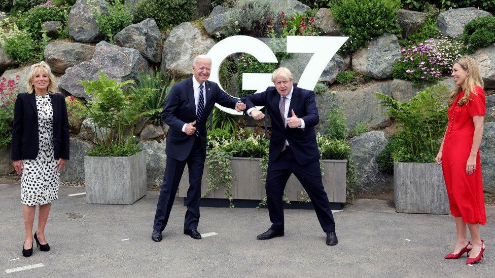 The Prime Minister Boris Johnson and his wife Carrie meet the US President Joe Biden and the First Lady Jill Biden in Carbis Bay Cornwall ahead of the G7 Summit