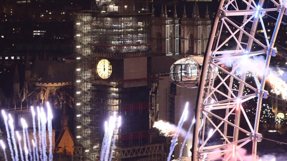 Big Ben and new year's fireworks