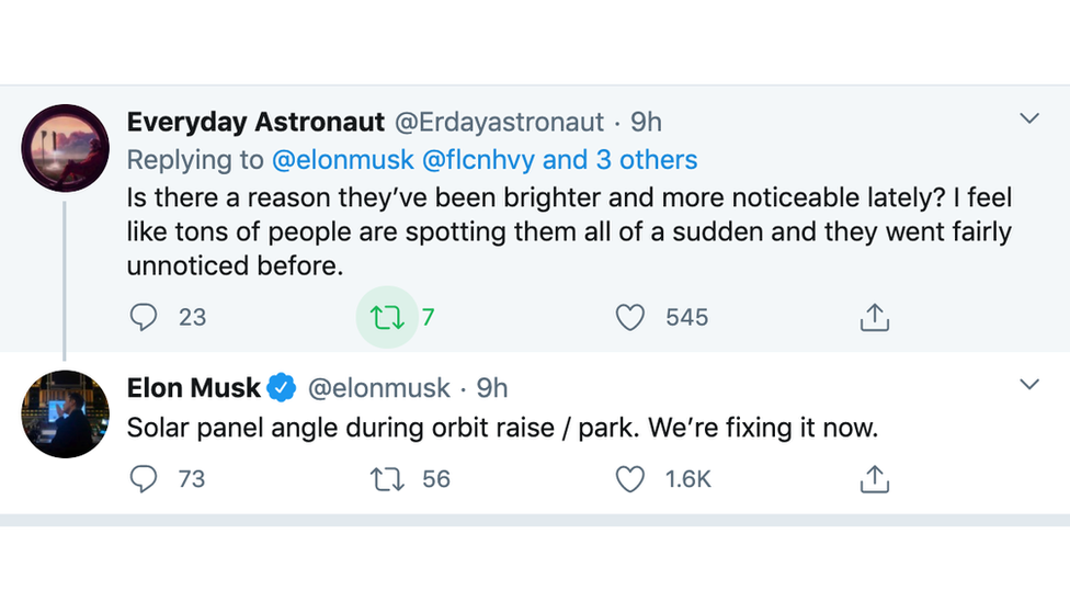 Twitter question to Elon Musk on the brightness of Starlink satellites