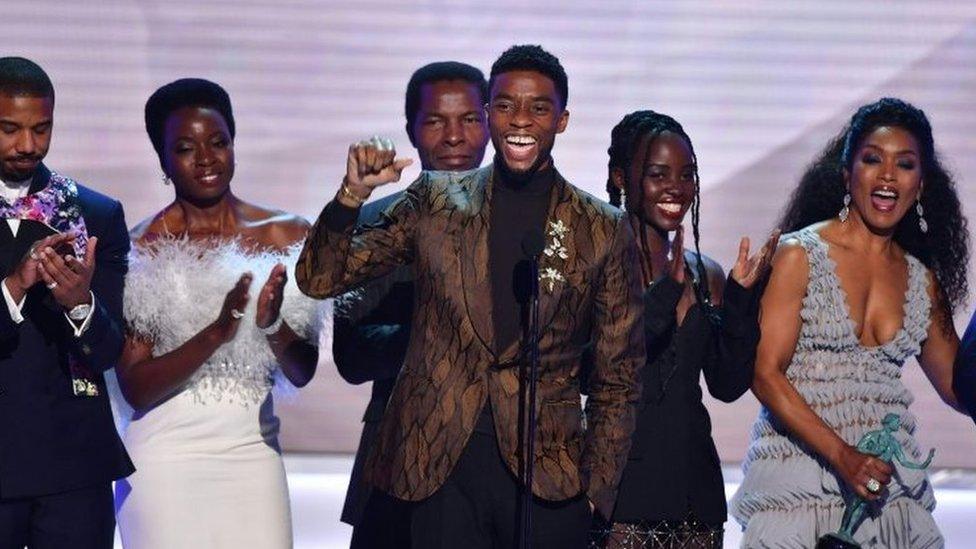 Chadwick Boseman, Michael B. Jordan, Danai Gurira, Lupita Nyong"o and Angela Bassett accept the award for best Cast In A Motion Picture for Black Panther at the 25th Annual Screen Actors Guild Awards