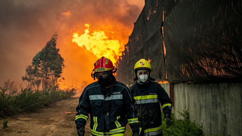 Firefighters in front of large fire