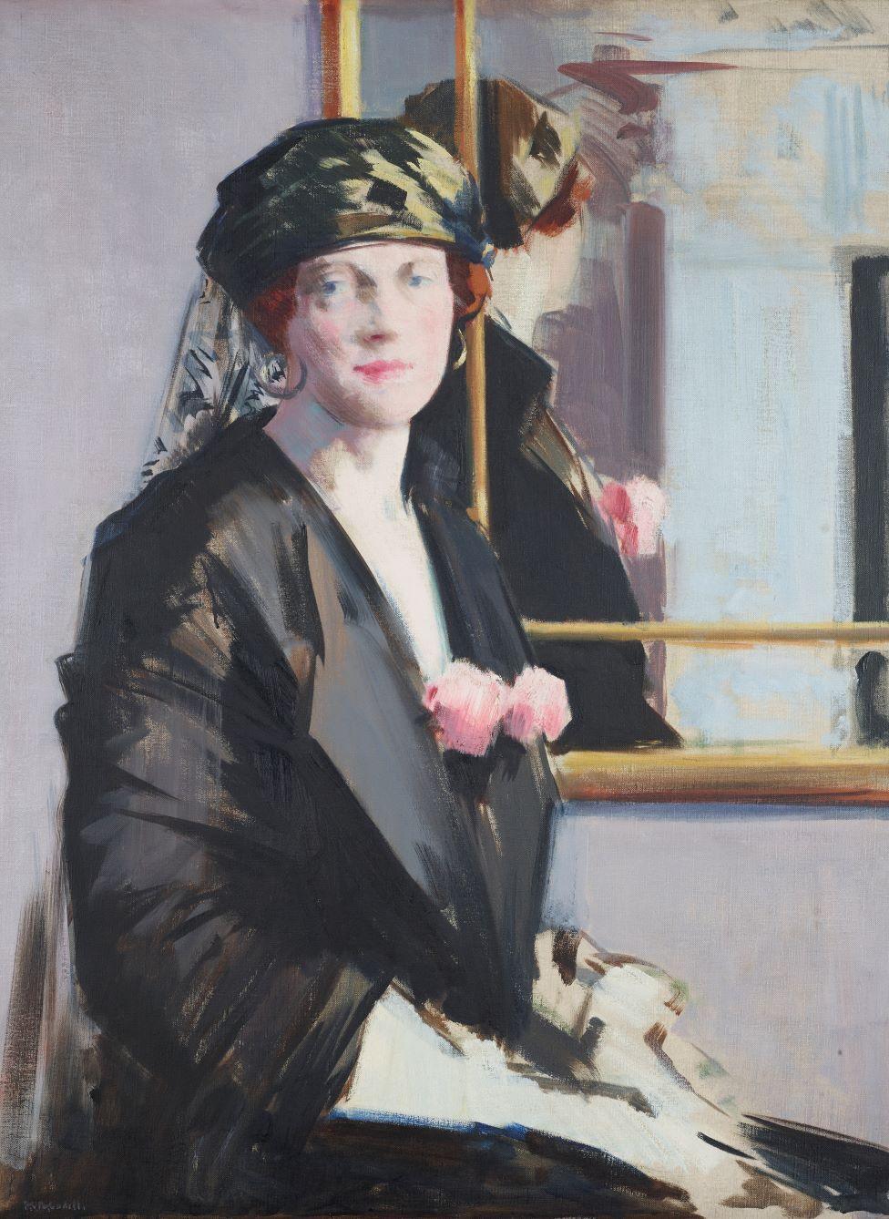 Francis Campbell Boileau Cadell's Pink and Gold shows a woman in a formal pose looking at the viewer. She is wearing a pink flower and has gold notes in her headwear. 
