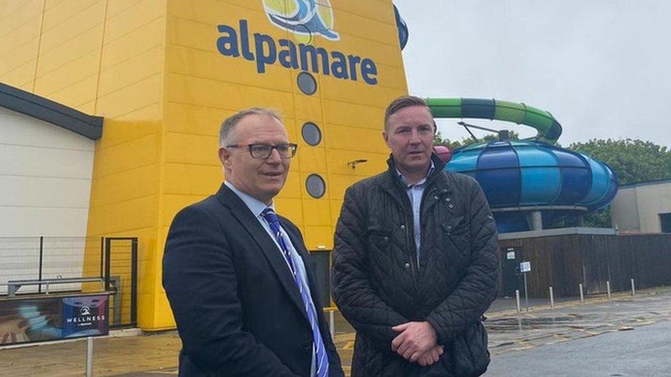 Councillor Gareth Dadd and Flamingo Land boss Gordon Gibb outside the park