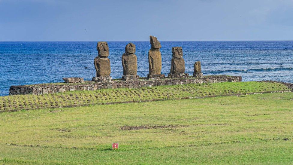 View of Moais - stone statues of the Rapa Nui culture - in Easter Island