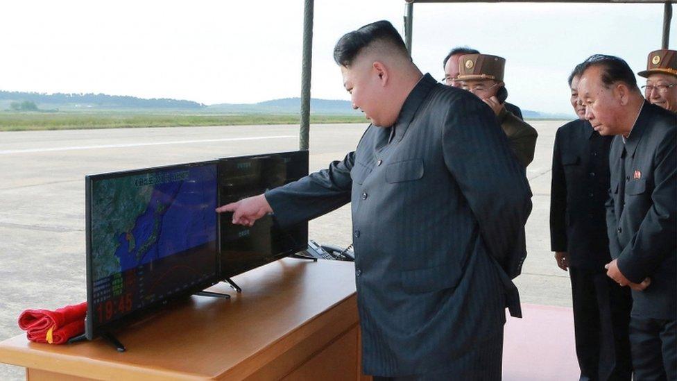 Kim Jong-un at the test of a Hwasong-12 missile, undated KCNA photo released on 16 September 2017