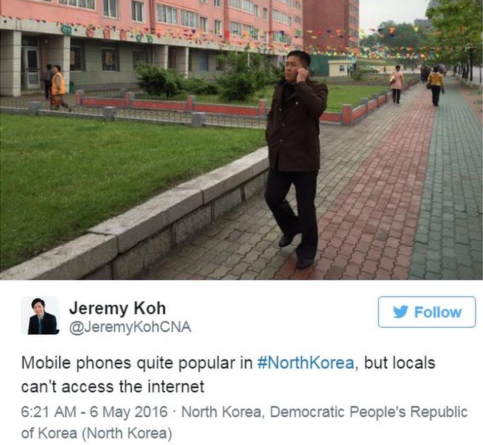 Tweet by Channel News Asia correspondent visiting Pyongyang: "Mobile phones quite popular in North Korea, but locals can't access the internet - 6 May 2016