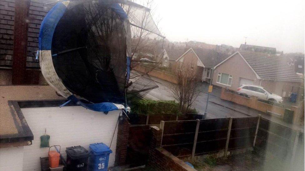 Trampoline lifted into the air at Rhuddlan, Denbighshire