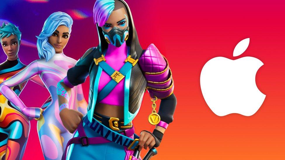 Fortnite characters next to Apple logo