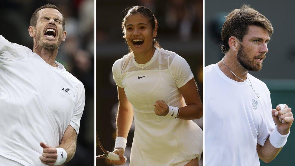 three stills show british hopefuls andy murray emma raducanu and cameron norrie celebrating their first round wins