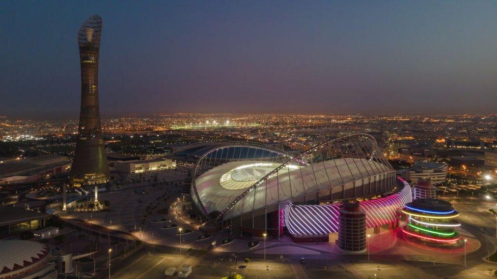 An aerial view of Khalifa Stadium stadium at sunrise on June 22, 2022 in Doha, Qatar.