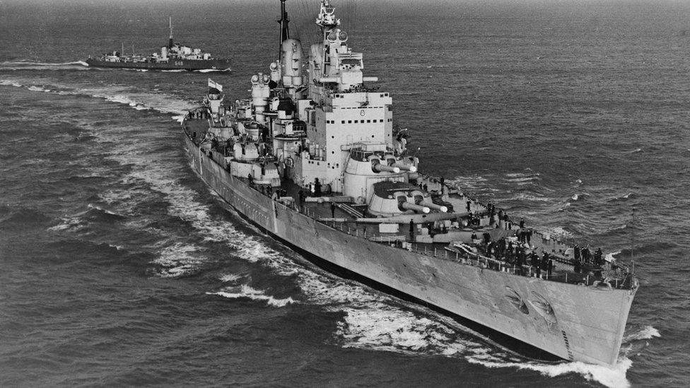 The Royal Navy 'fast battleship' HMS Vanguard undergoes her shakedown sea trials in the Central Atlantic Ocean