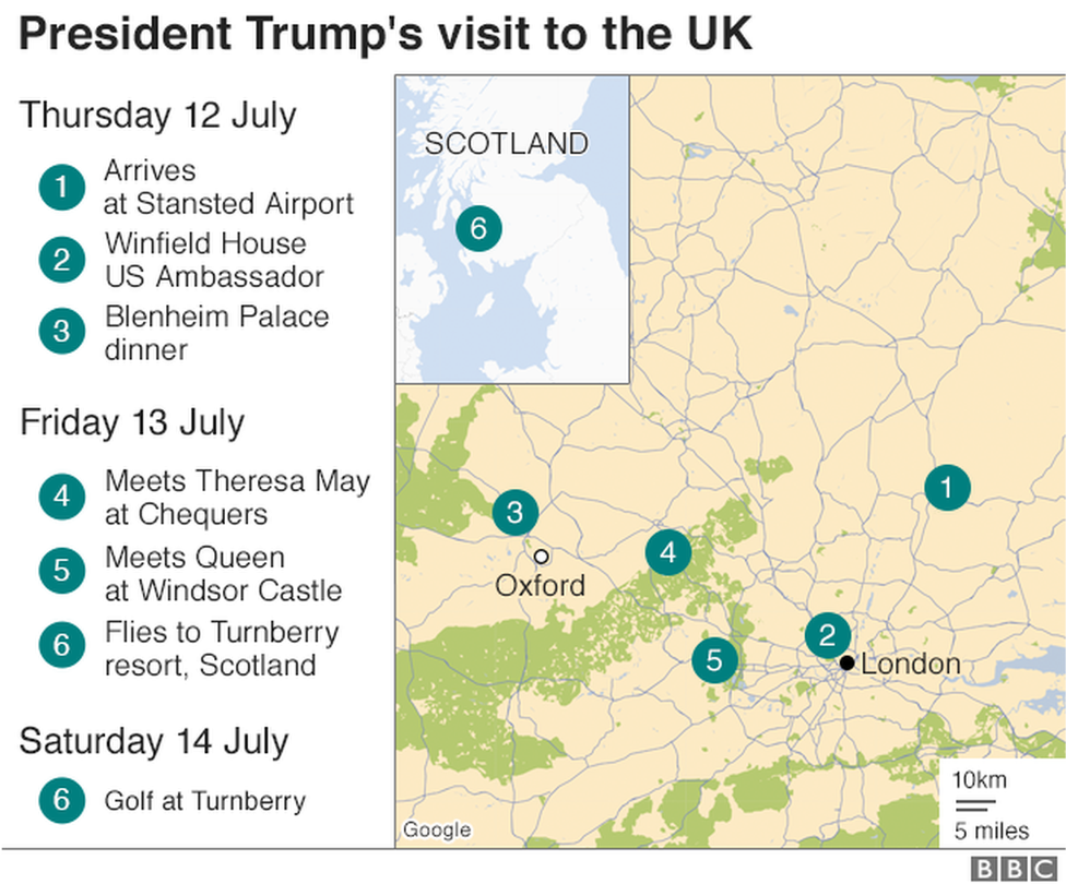 Map of locations President Trump will visit