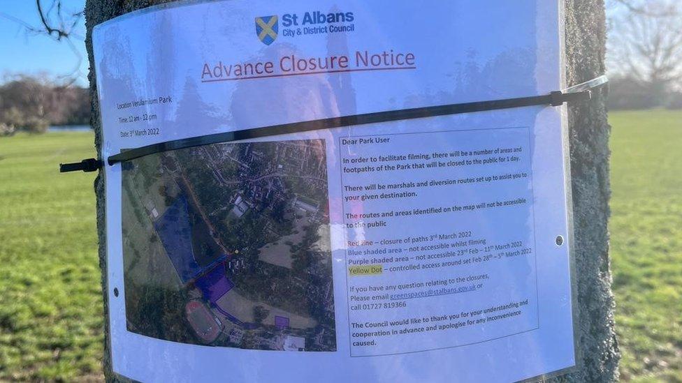 Signs in the park say that a number of areas and footpaths will be closed to the public on 3 March in order to "facilitate filming".