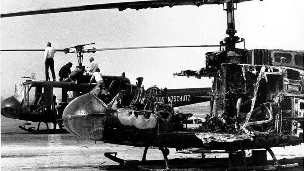 Helicopters destroyed in botched rescue attempt at Furstenfeldbruck airport, 1972