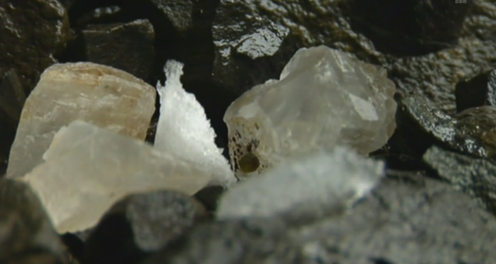 A close up of large crystals in the mine