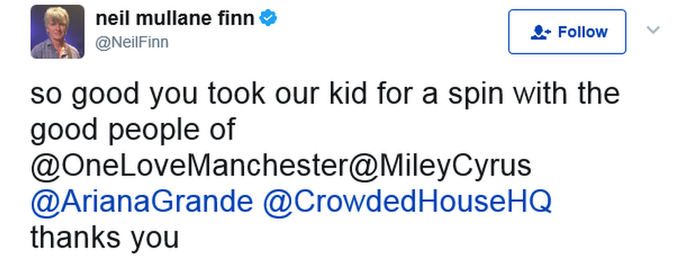 Neil Finn's tweet: "So good you took our kid for a spin with the good people of @OneLoveManchester @MileyCyrus @ArianaGrande @CrowdedHouseHQ thanks you"