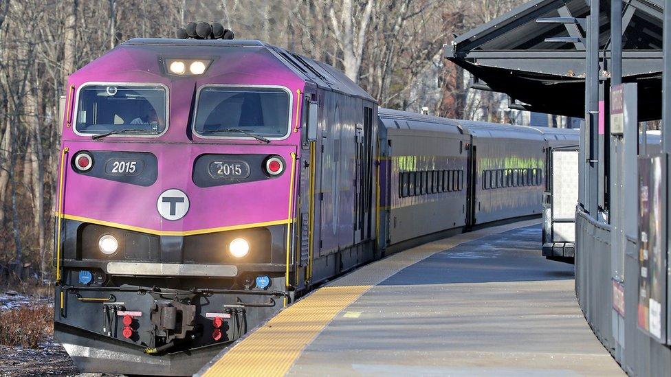 Greenbush line MBTA commuter rail train passes thru North Scituate station after the T announced a reduction in service due to Corvid-19 employee absences on December 11, 2020 in Scituate, MA. (Staff Photo By Stuart Cahill/MediaNews Group/Boston Herald via Getty Images)