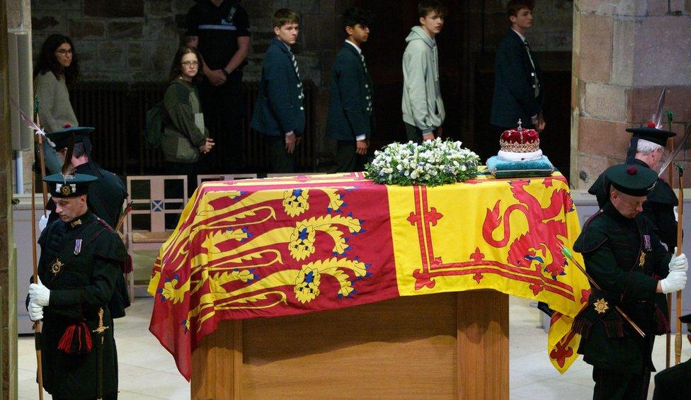 The coffin of Queen Elizabeth II at St Giles Cathedral in Edinburgh