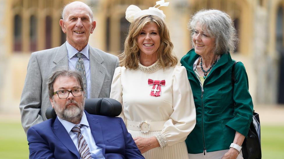 Kate Garraway, with her husband Derek Draper and her parents Gordon and Marilyn Garraway, after being made a Member of the Order of the British Empire for her services to broadcasting, journalism and charity by the Prince of Wales during an investiture ceremony at Windsor Castle, Berkshire