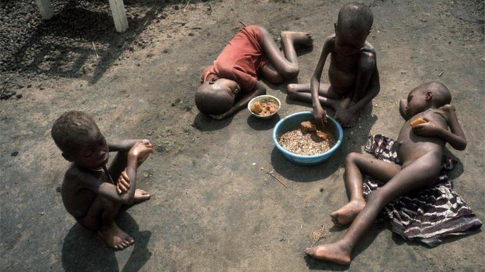 Four starving Biafran children during the Nigerian-Biafran civil war, circa 1968