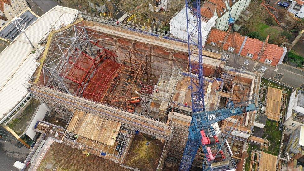 Aerial view of building work at the Bristol Beacon