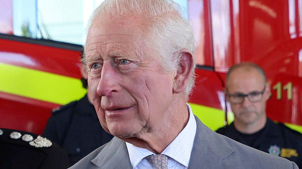 King Charles III, wearing a grey suit, white shirt and grey patterned tie, stands in front of a red fire engine