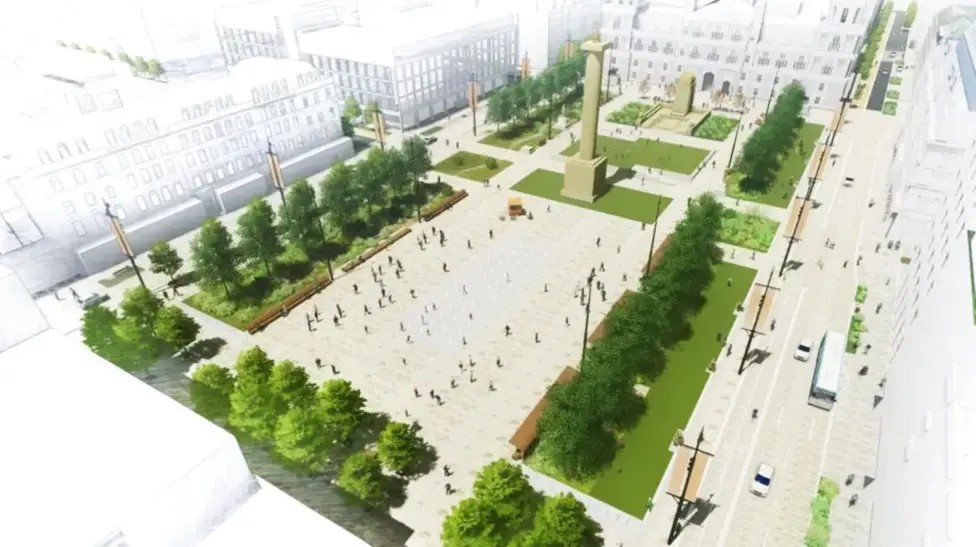 An artist's impression of the redesigned George Square in Glasgow, showing a tree-lined open space with a central column monument.