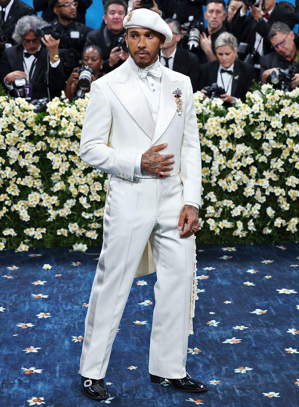 Sir Lewis Hamilton attends the 2025 Met Gala Celebrating "Superfine: Tailoring Black Style" at Metropolitan Museum of Art on May 05, 2025 in New York City, US.