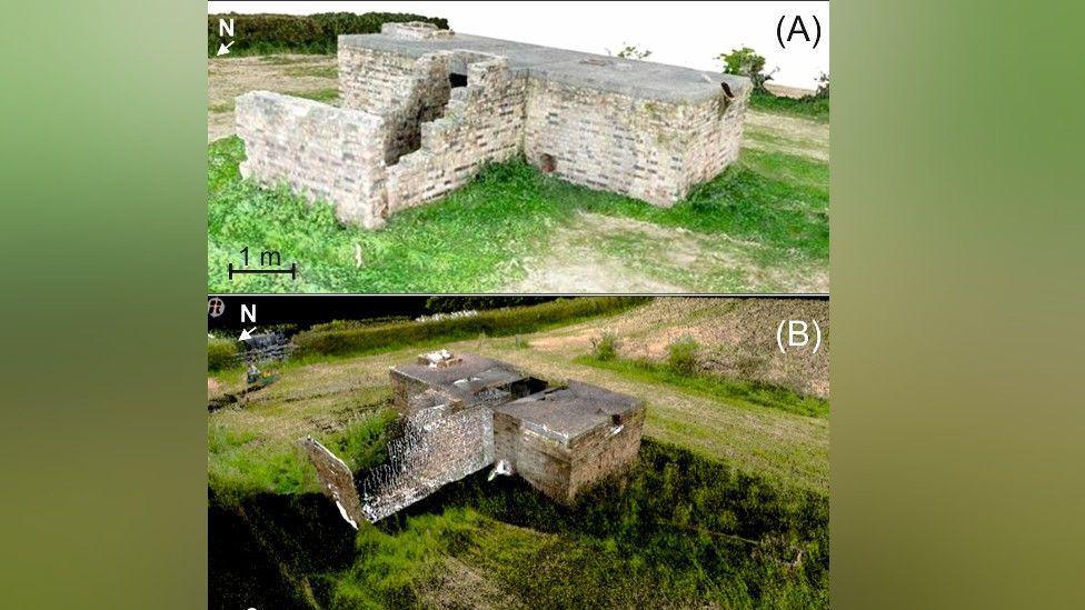 A split screen image. The above image is a digital picture of a brick shelter in the middle of a green field. Below is an image of a similar brick shelter created from scans.