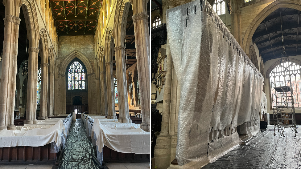 Two interior shots of an old church, showing pews and internal features covered in sheets and bubble wrap, with black plastic on the floor