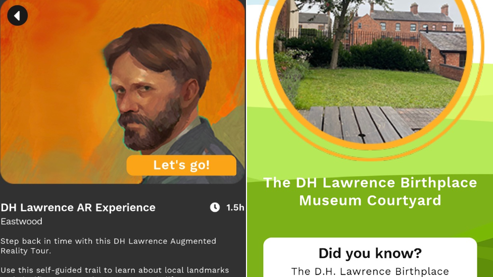 Two screengrabs of the app, one giving an outline of the app, the other giving more information on his birthplace
