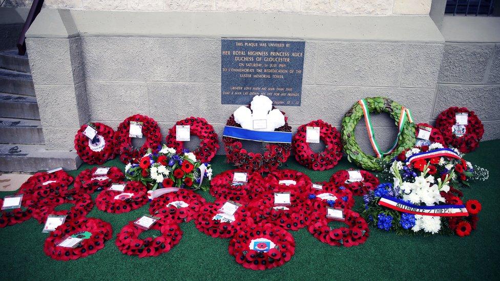 Wreaths laid at the Ulster Tower in Thiepval