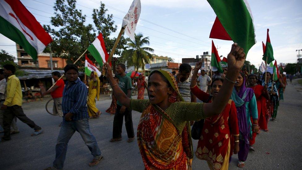 Protesters affiliated with Madhesi groups take part during the protest against the upcoming constitution in Biratnagar, Nepal, 15 September 2015