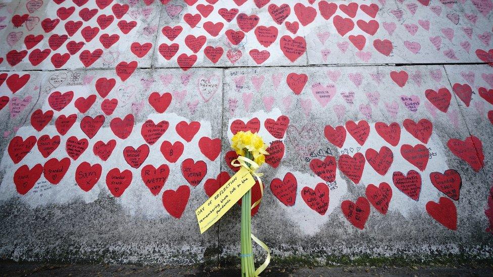 A bouquet of flowers at the The National Covid Memorial Wall in London, on the second National Day of Reflection