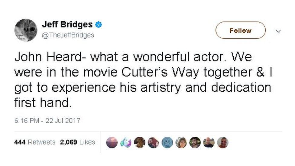 Jeff Bridges tweet: "John Heard - what a wonderful actor. We were in the movie Cutter's Way together and I got to experience his artistry and dedication first hand".