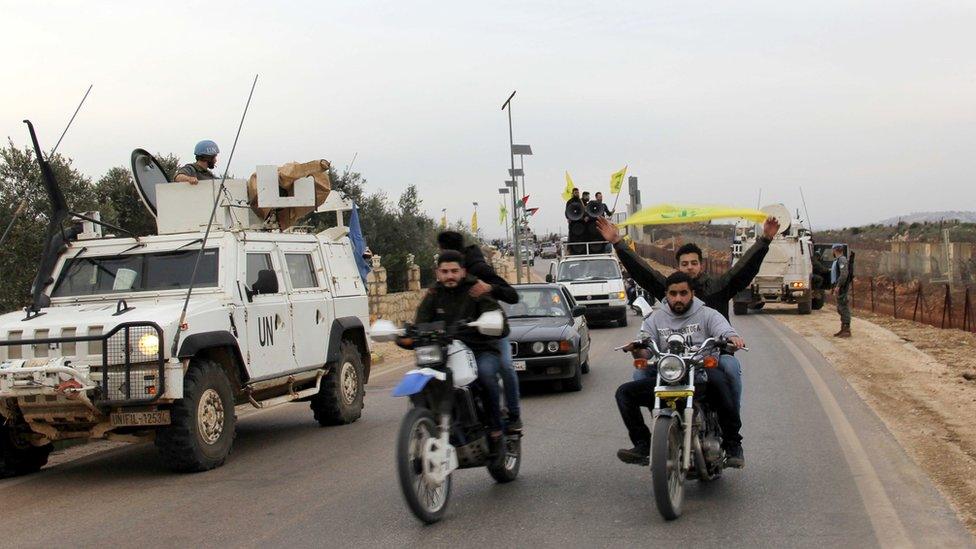 Hezbollah supporters rallied in the area of Fatima's Gate in Kfar Kila on the Lebanese border with Israel on 10 February 2018 to celebrate the crashing of the Israeli air jet