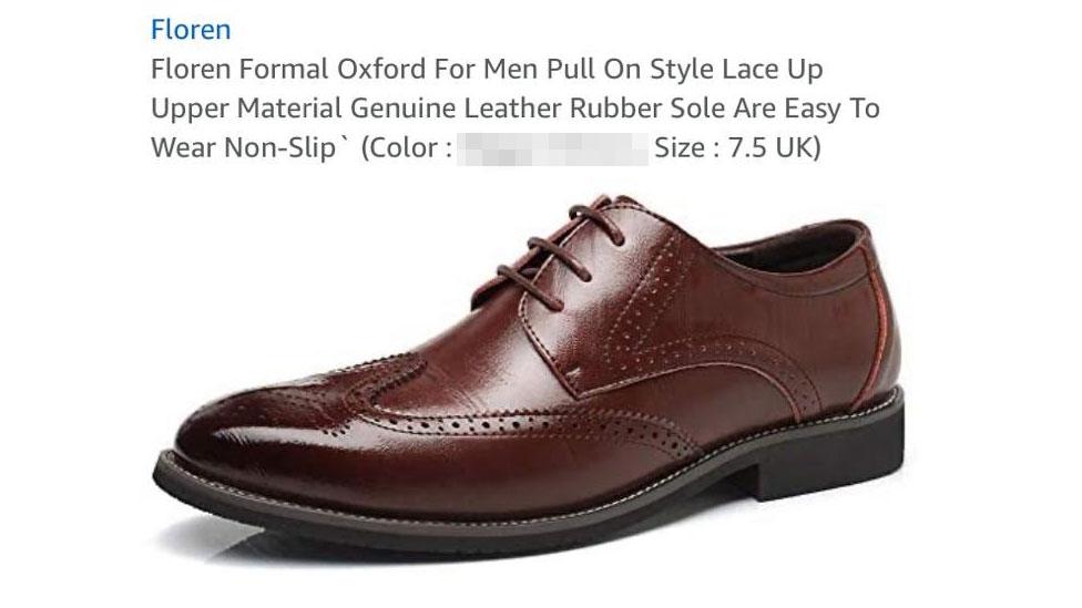 A brown formal shoe on a white background is seen with floating text above it - describing the shoe in detail, until the heading for "color" - which has been blurred out by the 91ȱ in this image