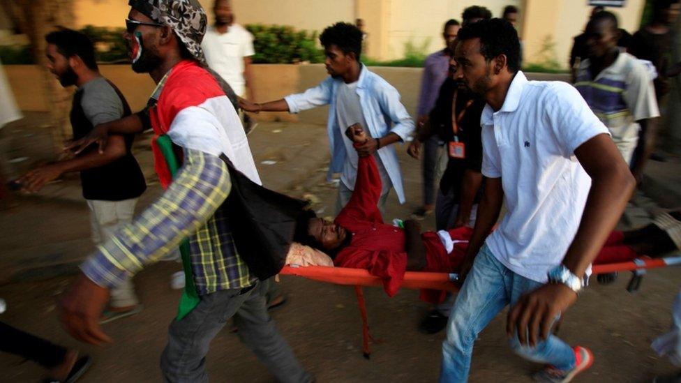 A Sudanese protester injured during demonstrations along a street in central Khartoum, Sudan May 15, 2019