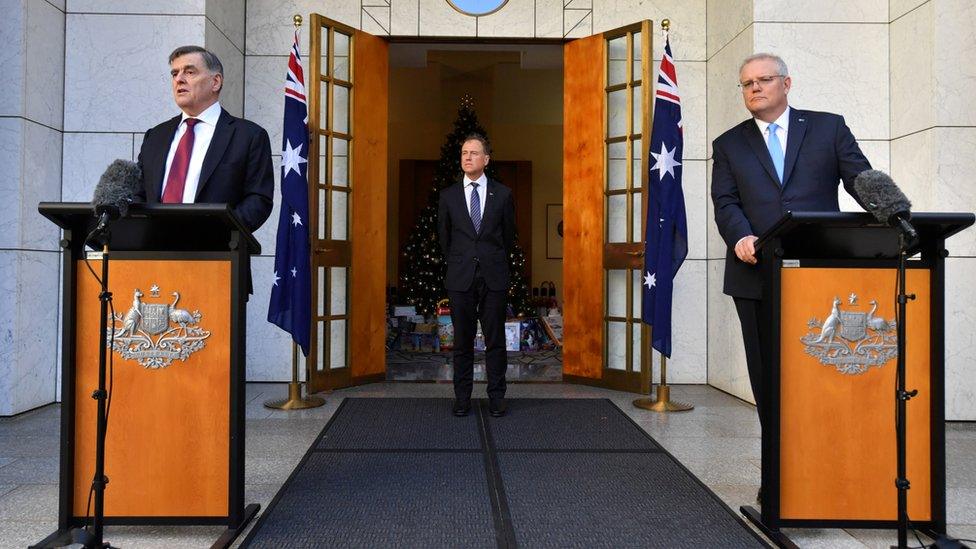 Dr Brendan Murphy speaking at a coronavirus press conference with Prime Minister Scott Morrison and Health Minister Greg Hunt in Canberra in 2020