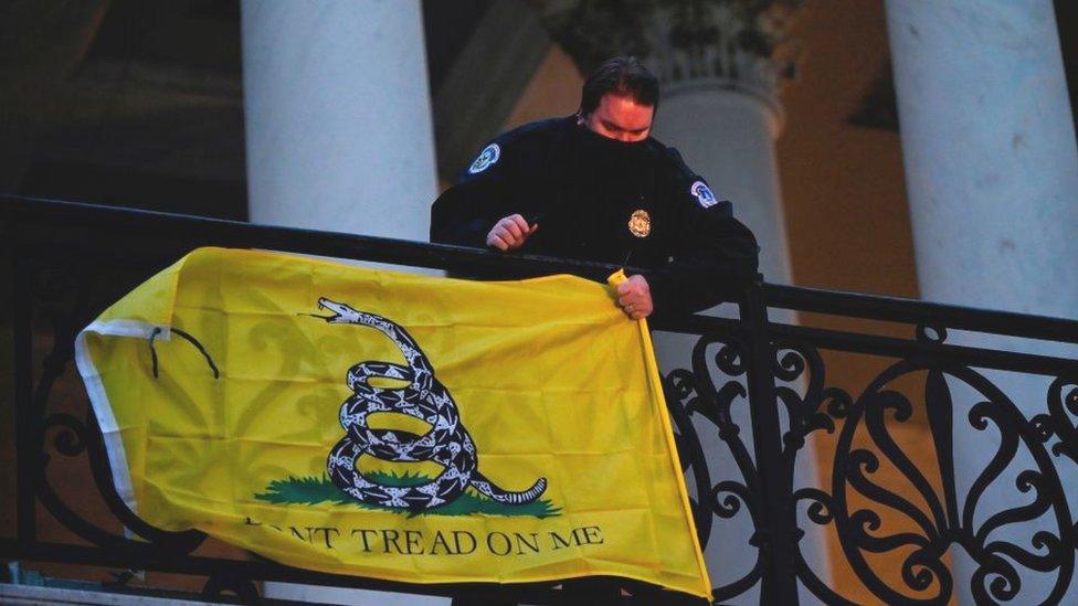 The Gadsden flag hung outside congress