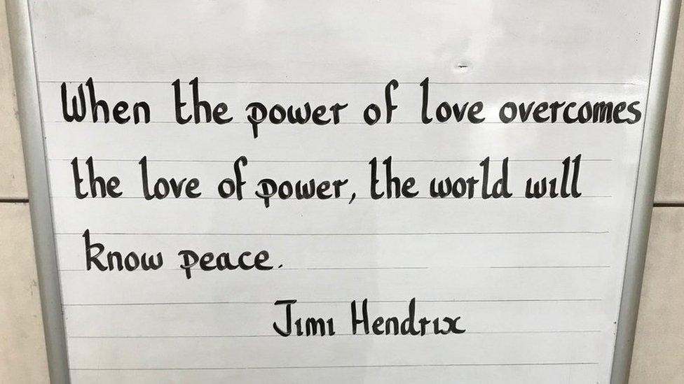 Inspiring message at the Oval station which says: When the power of love overcomes the love of power, the world will know peace.