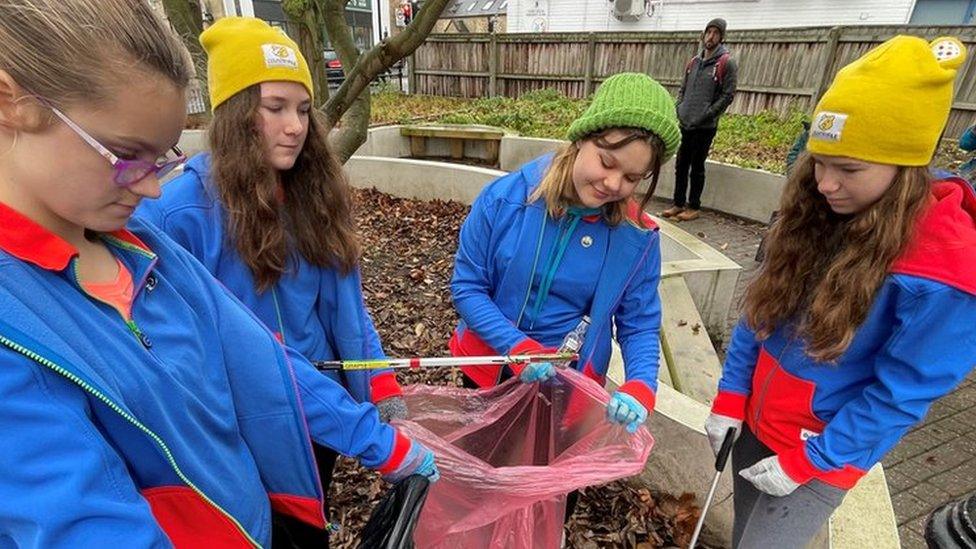 Girlguides taking part in an Ely litter pick