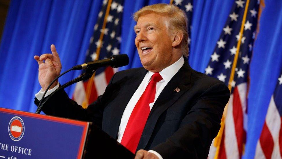 President-elect Donald Trump speaks during a news conference in the lobby of Trump Tower in New York, Wednesday, 11 January