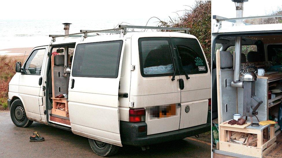 Van with wood-burning stove