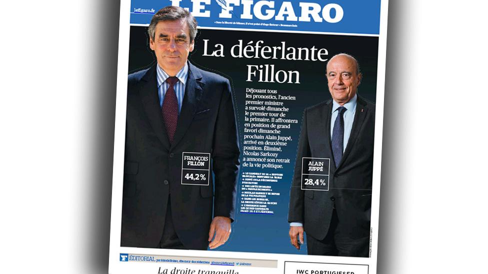 Front page of Le Figaro newspaper featuring Francois Fillon and Alain Juppe