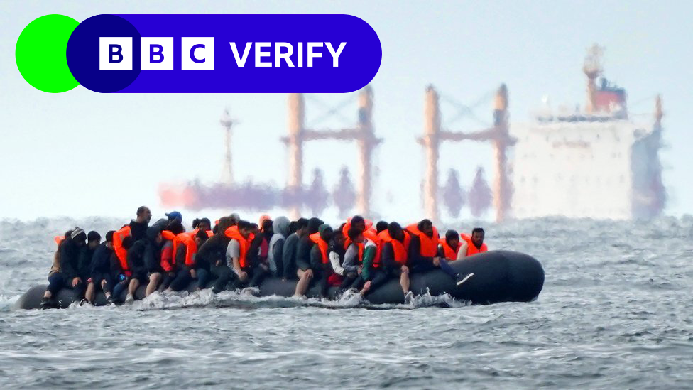 A group of people thought to be migrants crossing the Channel in a small boat traveling from the coast of France and heading in the direction of Dover, Kent, pictured on 29 August 2023